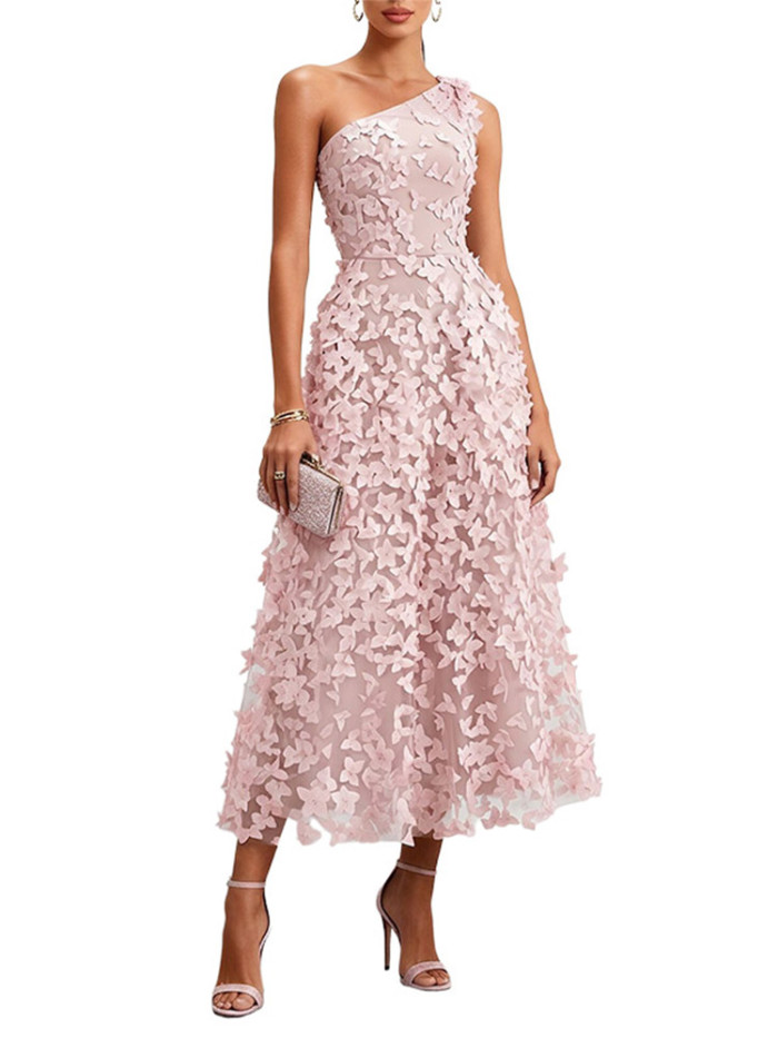 Elegant 3D Floral Off Shoulder Waist-Cinched Maxi Gown For Evening Parties And Banquets