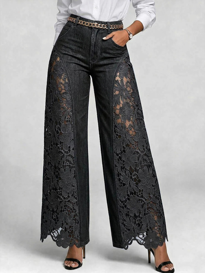 Hollow Lace Spliced High Waist Denim Wide Leg Palazzo Pants For Daily Street Outings