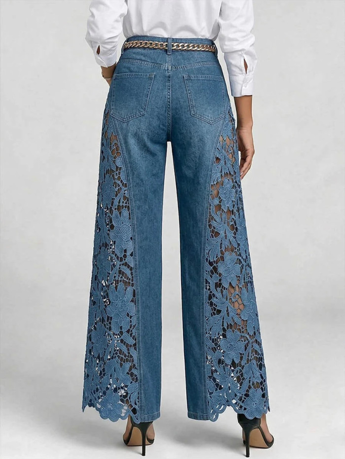 Hollow Lace Spliced High Waist Denim Wide Leg Palazzo Pants For Daily Street Outings