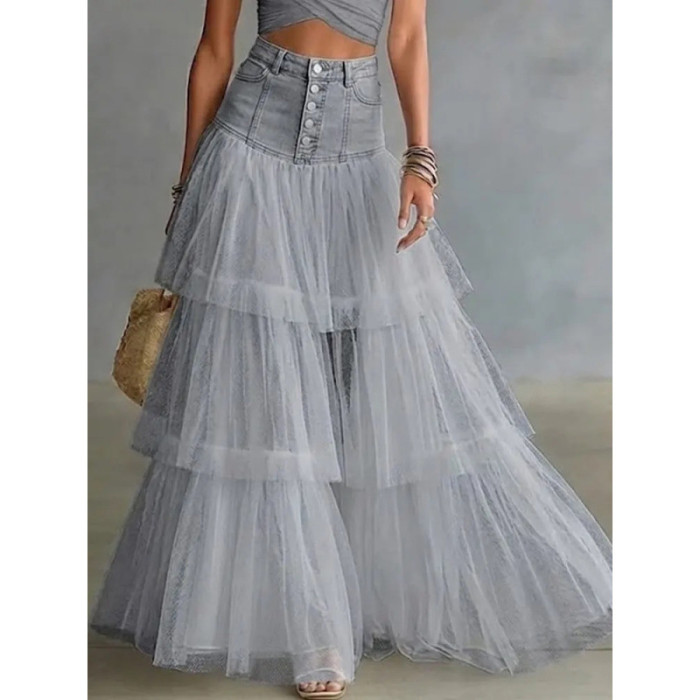 Retro Spliced Denim Tulle Tiered Maxi A-Line Skirt For Daily Commute And Street Outfits