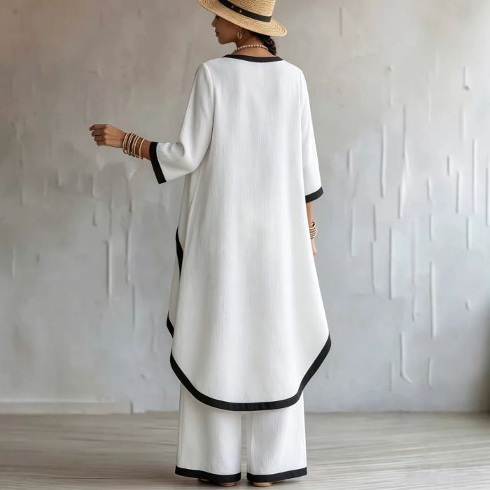 Contrast Black Trim Irregular Hem 3/4 Sleeve Top Wide Leg Linen Two Piece Set For Daily Casual Outings