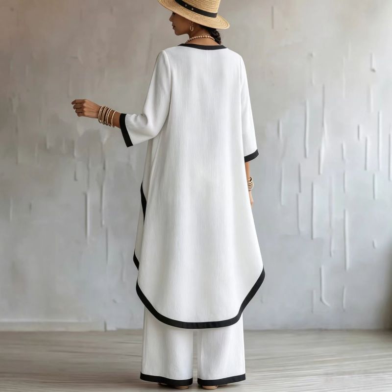 Contrast Black Trim Irregular Hem 3/4 Sleeve Top Wide Leg Linen Two Piece Set For Daily Casual Outings