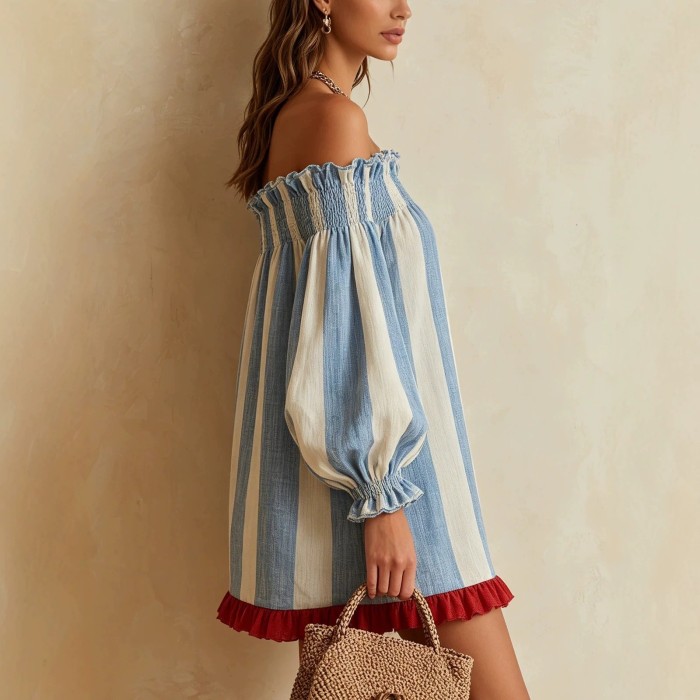 Striped Off Shoulder Puff Sleeve Mini Dress For Beach Trips And Small Parties