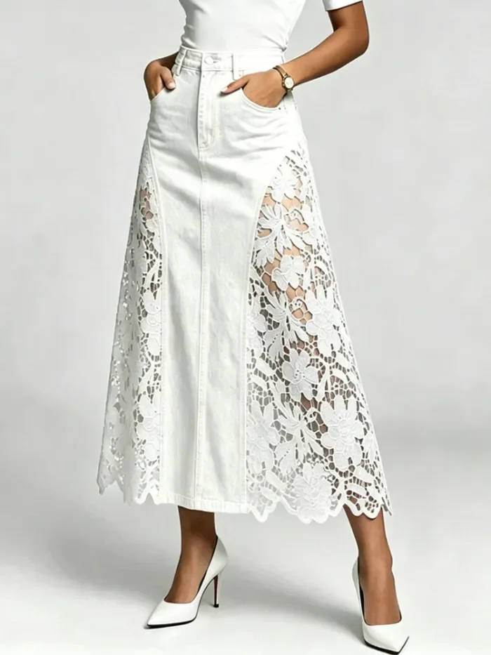 High Waist Lace Spliced Floral Hollow Bodycon Denim Midi Skirt For Daily Strolls And Dating