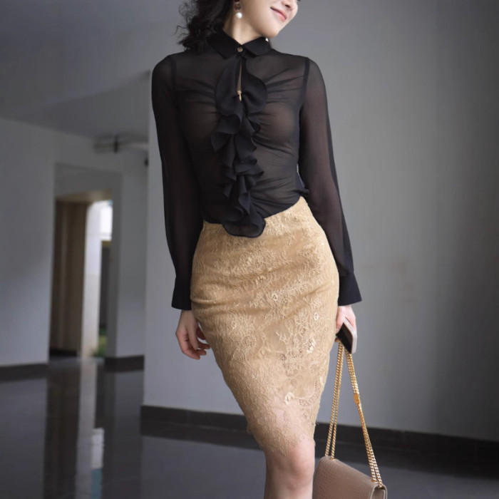 Gold Embroidered Lace Mini Skirt, Slim High Elastic Skirt For Women