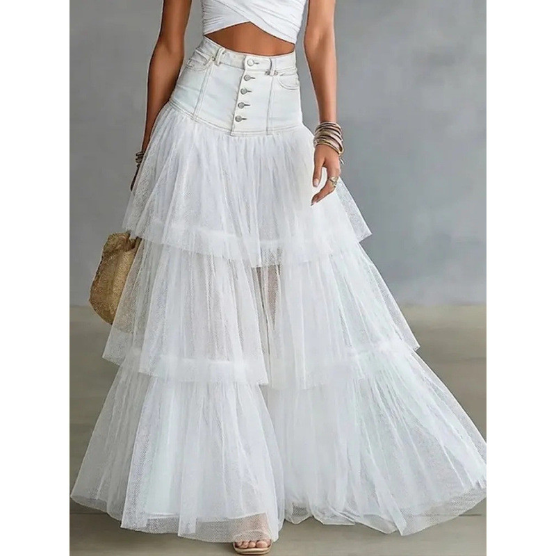 Retro Spliced Denim Tulle Tiered Maxi A-Line Skirt For Daily Commute And Street Outfits