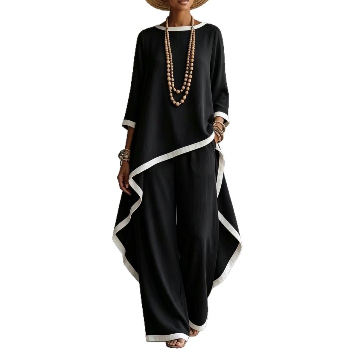 Contrast Black Trim Irregular Hem 3/4 Sleeve Top Wide Leg Linen Two Piece Set For Daily Casual Outings
