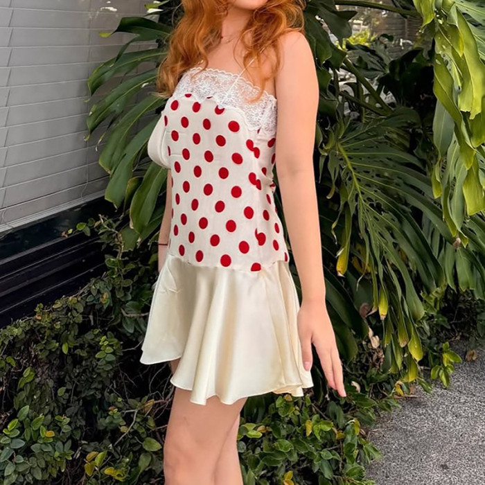 Polka Dot Lace Splice Suspender Backless Mini Dress For Beach Vacation
