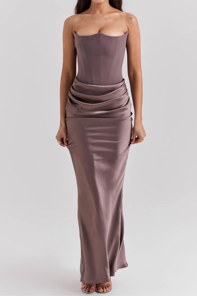 Strapless Off Shoulder Fishbone Ruched Satin Maxi Dress For Summer Club Events And Evening Parties