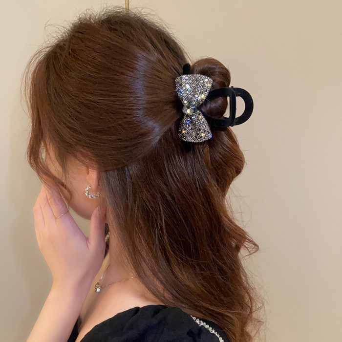 Luxury Flocked Bow Rhinestone Hair Clip, Elegant Black Headwear For Women