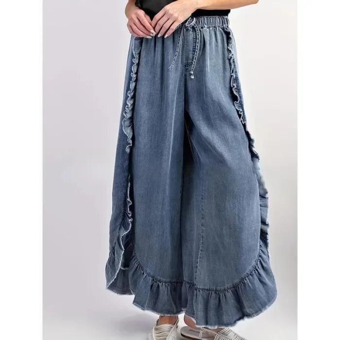 High Waist Ruffle Washed Wide Leg Denim Pants With Frayed Raw Hem For Daily Street Outings