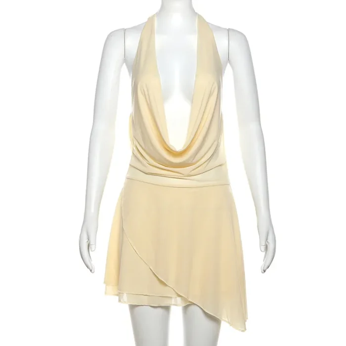V-Neck Draped Straight Spandex Mini Dress For Summer Daily Strolls And Casual Dating