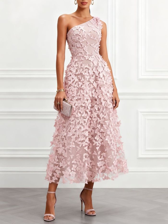 Elegant 3D Floral Off Shoulder Waist-Cinched Maxi Gown For Evening Parties And Banquets