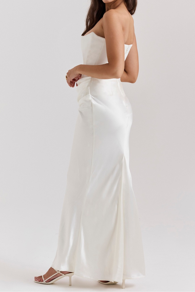 Strapless Off Shoulder Fishbone Ruched Satin Maxi Dress For Summer Club Events And Evening Parties