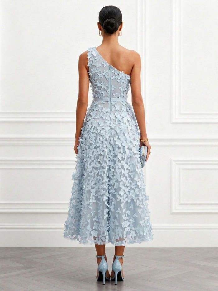 Elegant 3D Floral Off Shoulder Waist-Cinched Maxi Gown For Evening Parties And Banquets