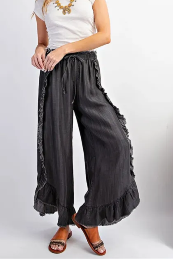 High Waist Ruffle Washed Wide Leg Denim Pants With Frayed Raw Hem For Daily Street Outings