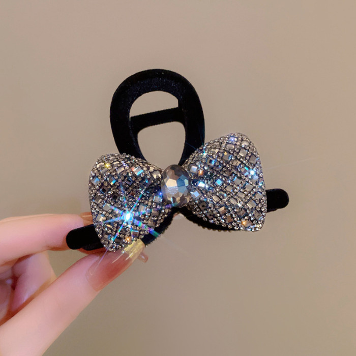 Luxury Flocked Bow Rhinestone Hair Clip, Elegant Black Headwear For Women