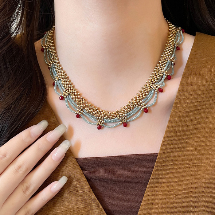 Retro Court Style Seed Bead Woven Lace Clavicle Chain For Banquets And Daily Elegant Styling