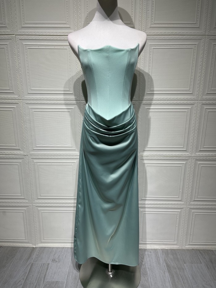 Strapless Off Shoulder Fishbone Ruched Satin Maxi Dress For Summer Club Events And Evening Parties