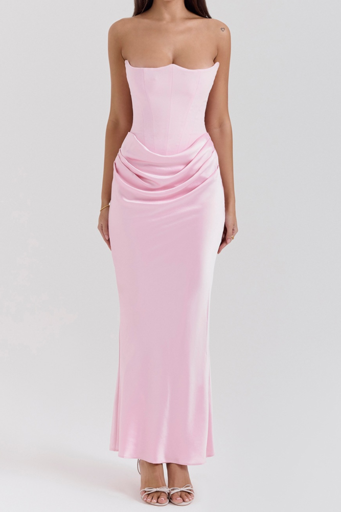 Strapless Off Shoulder Fishbone Ruched Satin Maxi Dress For Summer Club Events And Evening Parties