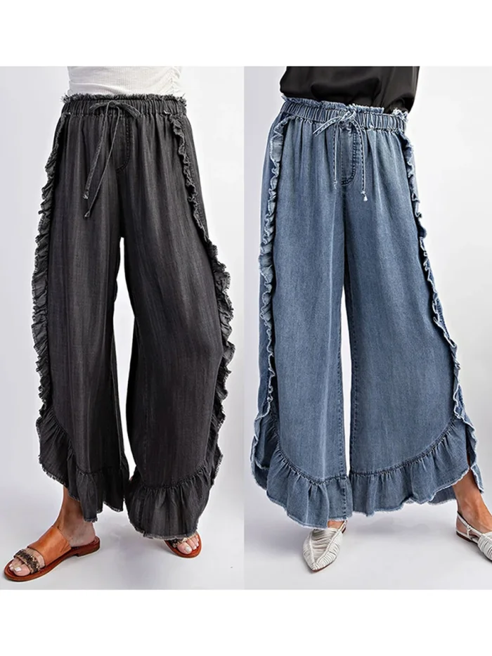 High Waist Ruffle Washed Wide Leg Denim Pants With Frayed Raw Hem For Daily Street Outings