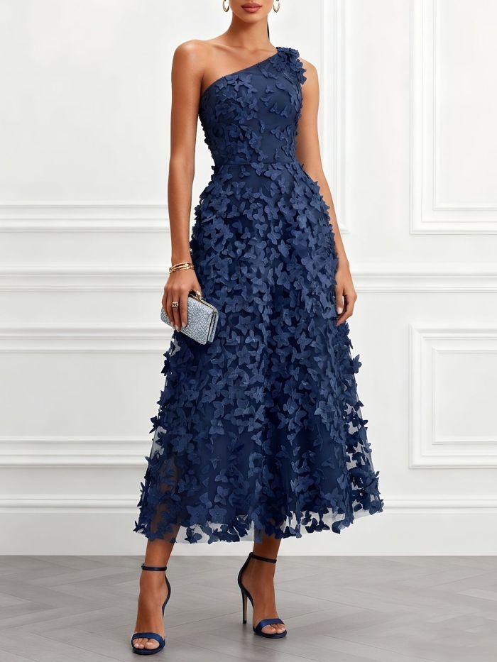 Elegant 3D Floral Off Shoulder Waist-Cinched Maxi Gown For Evening Parties And Banquets