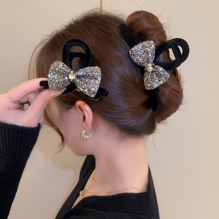 Luxury Flocked Bow Rhinestone Hair Clip, Elegant Black Headwear For Women