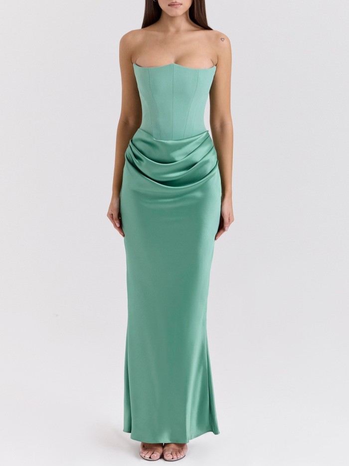 Strapless Off Shoulder Fishbone Ruched Satin Maxi Dress For Summer Club Events And Evening Parties