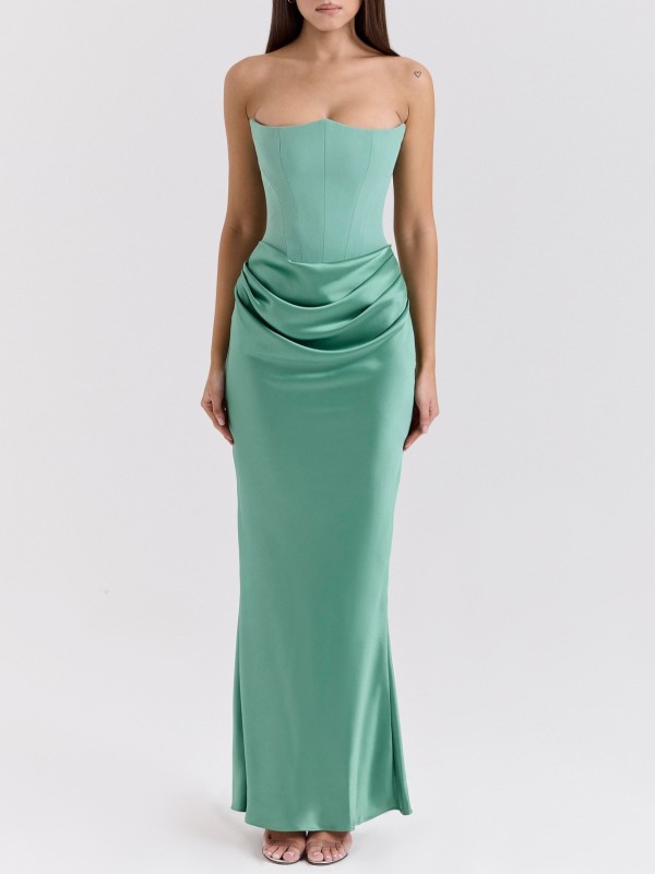 Strapless Off Shoulder Fishbone Ruched Satin Maxi Dress For Summer Club Events And Evening Parties