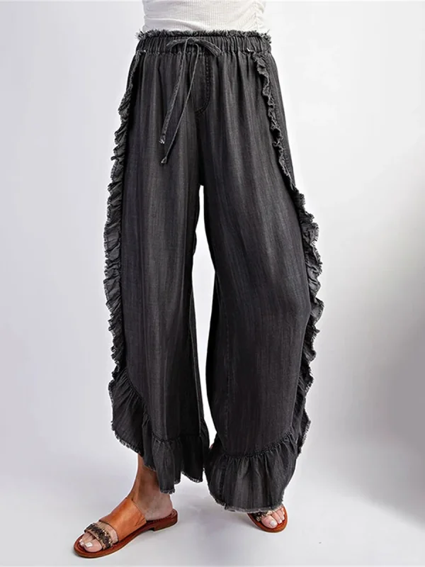 High Waist Ruffle Washed Wide Leg Denim Pants With Frayed Raw Hem For Daily Street Outings