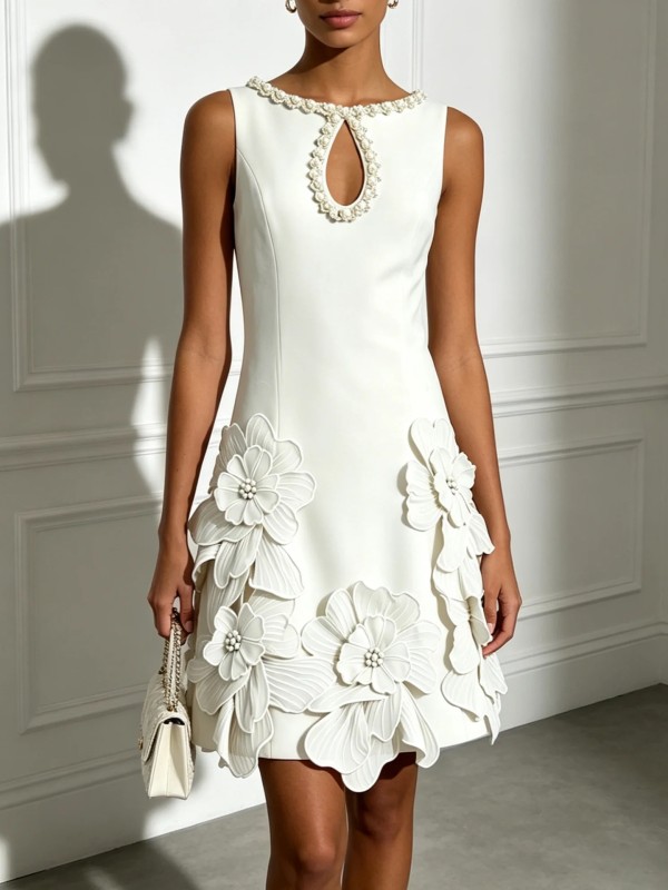 Slim Sleeveless Floral Hollow Pearl Decor Mini Dress For Beach Vacations And City Sightseeing