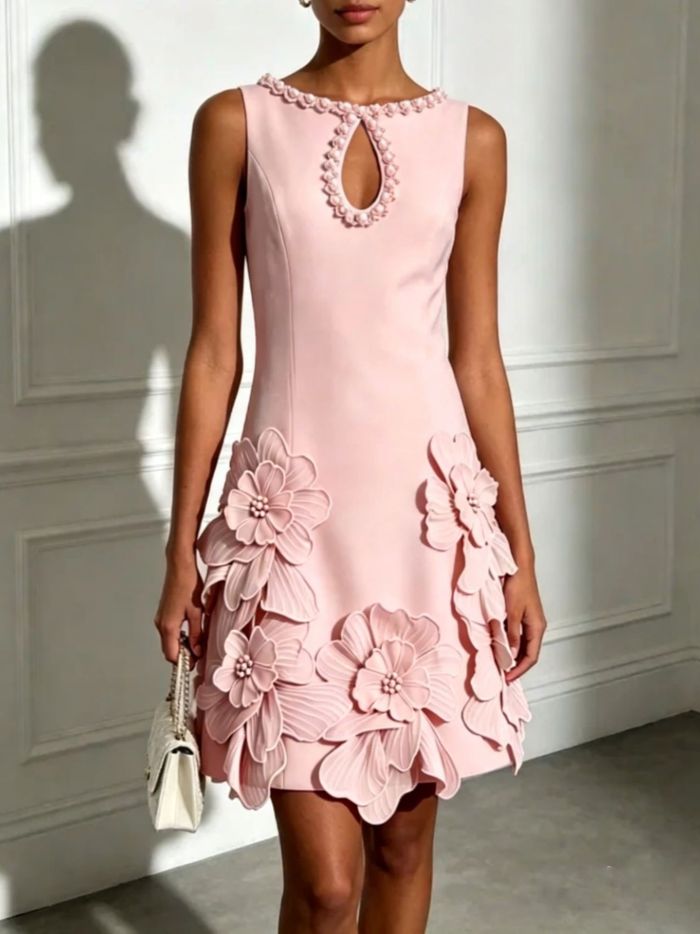 Slim Sleeveless Floral Hollow Pearl Decor Mini Dress For Beach Vacations And City Sightseeing