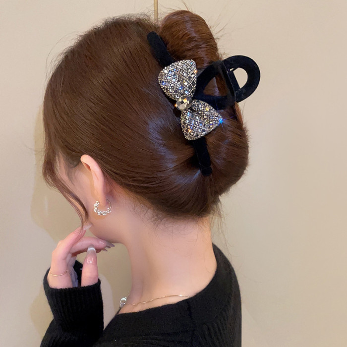 Luxury Flocked Bow Rhinestone Hair Clip, Elegant Black Headwear For Women