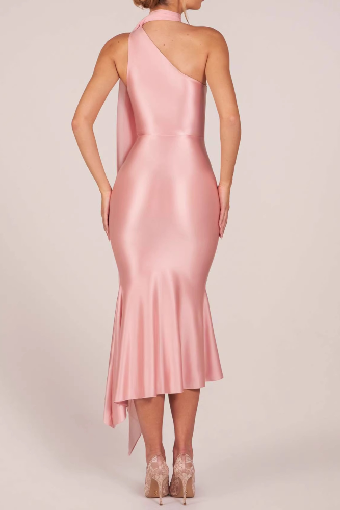 Ribbon Halter Satin Slim Midi Dress For Summer Club Events And Evening Parties