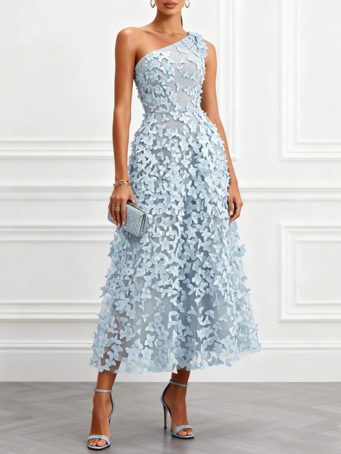 Elegant 3D Floral Off Shoulder Waist-Cinched Maxi Gown For Evening Parties And Banquets