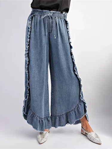 High Waist Ruffle Washed Wide Leg Denim Pants With Frayed Raw Hem For Daily Street Outings