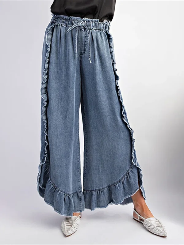 High Waist Ruffle Washed Wide Leg Denim Pants With Frayed Raw Hem For Daily Street Outings