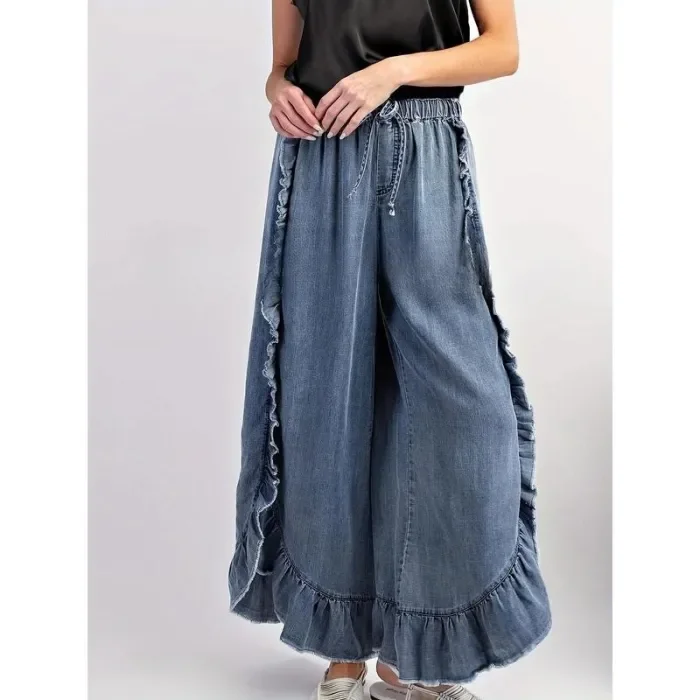 High Waist Ruffle Washed Wide Leg Denim Pants With Frayed Raw Hem For Daily Street Outings