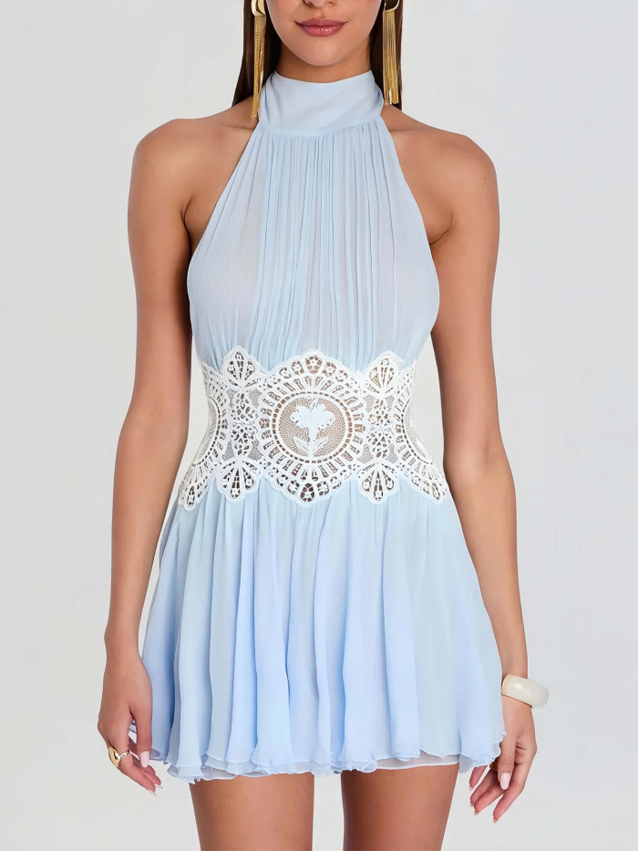 Halter Neck Lace Hollow Backless High Waist Mini Dress For Summer Vacation And Dating