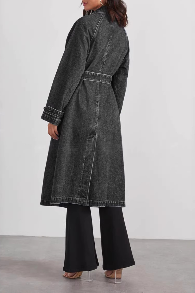 Loose Long Denim Cardigan Windbreaker With Buckle For Autumn And Winter Casual Wear