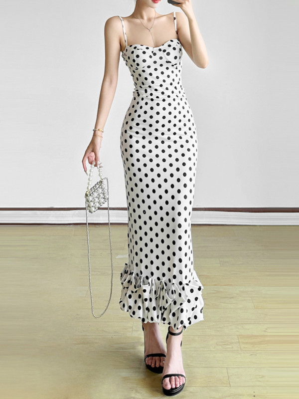 White And Black Polka Dot Sleeveless High Waist A-Line Maxi Dress For Holiday