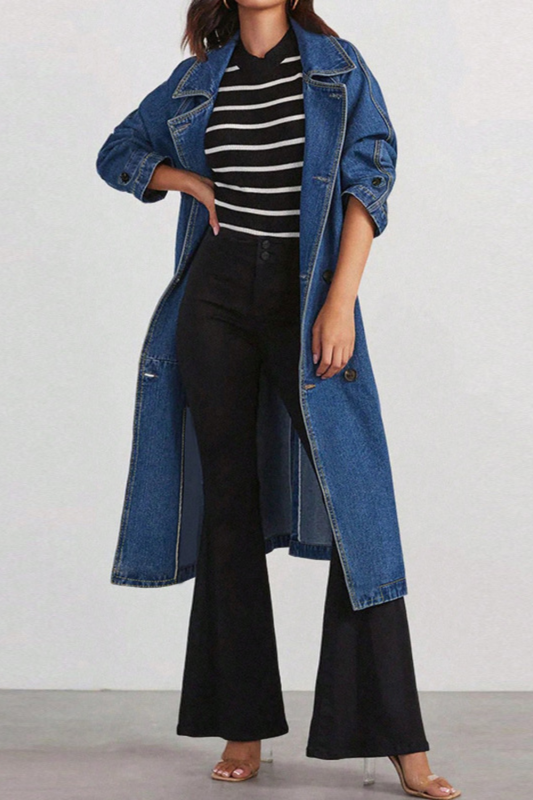 Loose Long Denim Cardigan Windbreaker With Buckle For Autumn And Winter Casual Wear