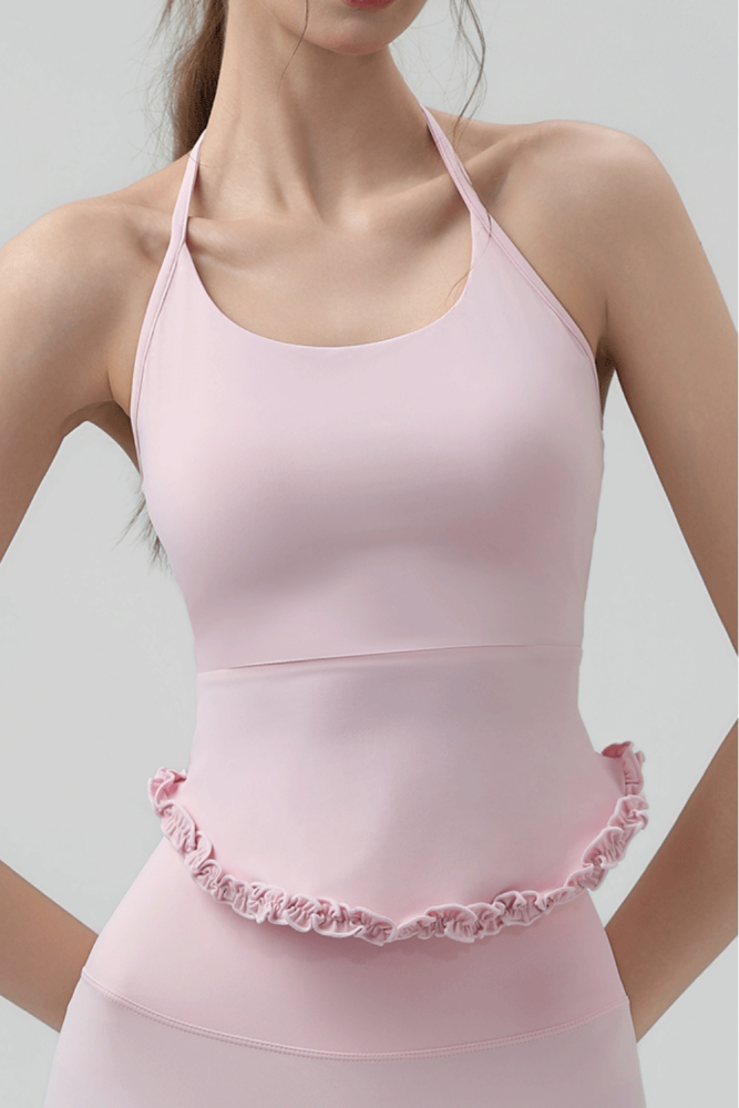 Halter Neck Yoga Vest With Chest Pad, Mesh Splice And Lace Hem For Pilates Fitness