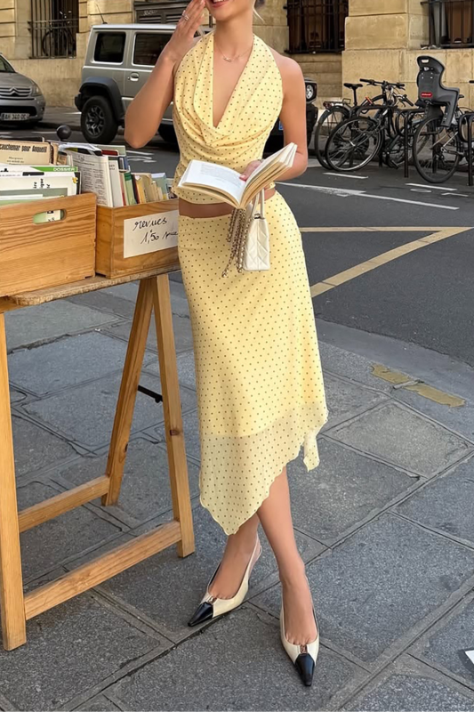 Yellow Polka Dot Halter Neck Uneven Hem Two Piece Set For Spring Summer