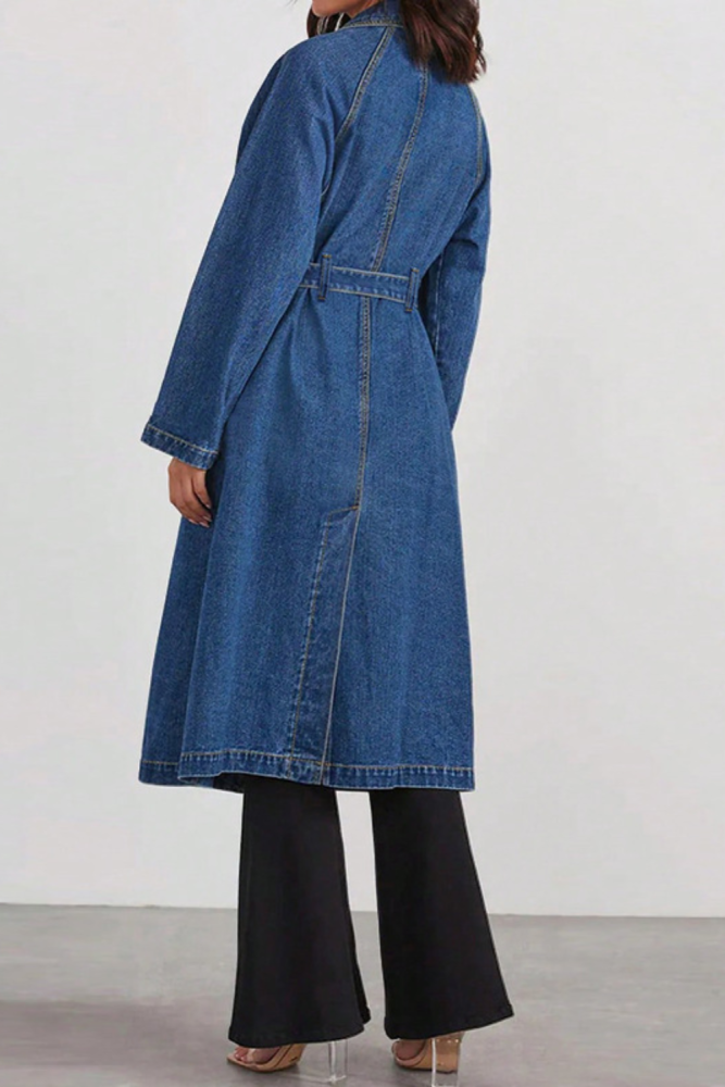 Loose Long Denim Cardigan Windbreaker With Buckle For Autumn And Winter Casual Wear