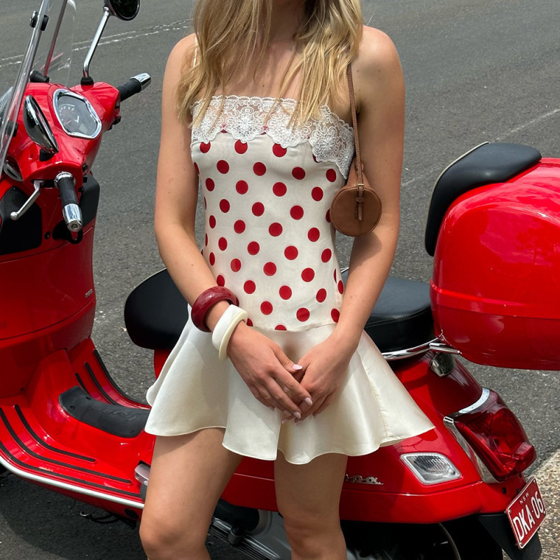 Polka Dot Lace Splice Suspender Backless Mini Dress For Beach Vacation
