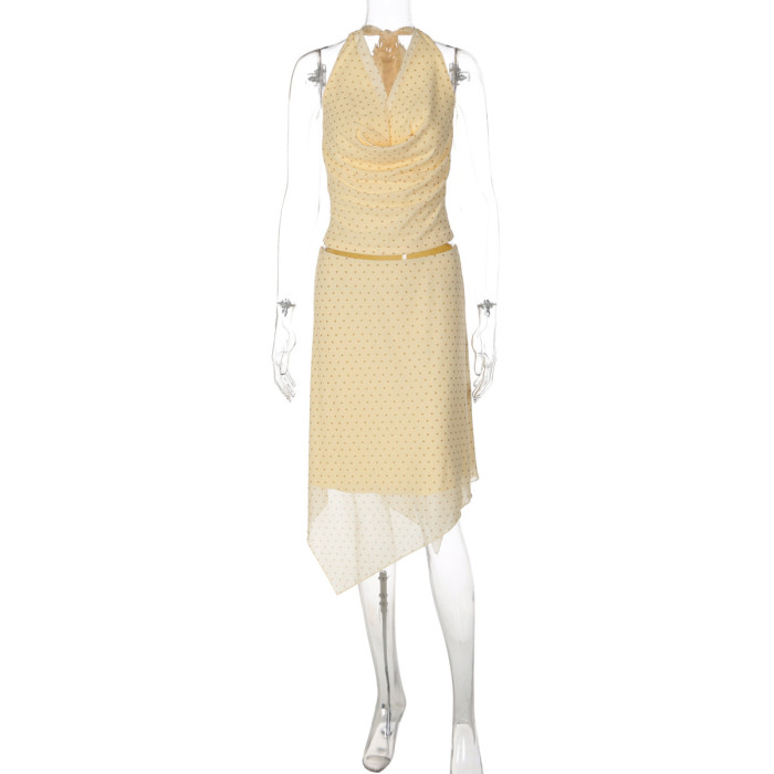 Yellow Polka Dot Halter Neck Uneven Hem Two Piece Set For Spring Summer