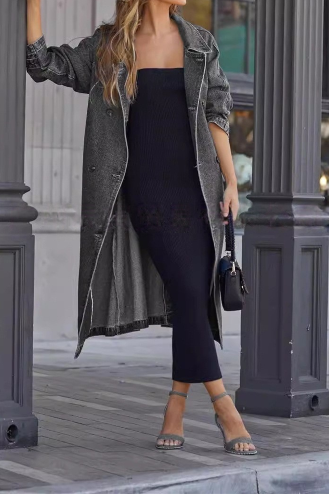 Loose Long Denim Cardigan Windbreaker With Buckle For Autumn And Winter Casual Wear