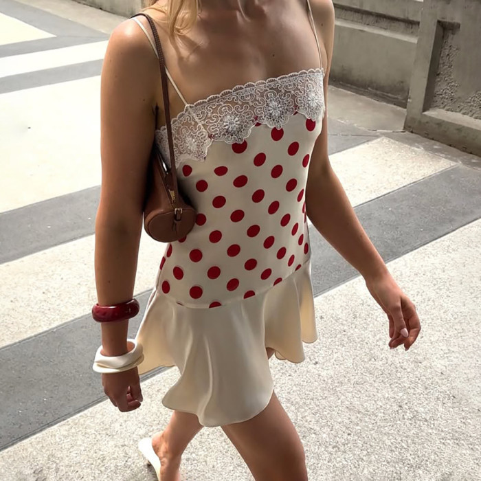 Polka Dot Lace Splice Suspender Backless Mini Dress For Beach Vacation