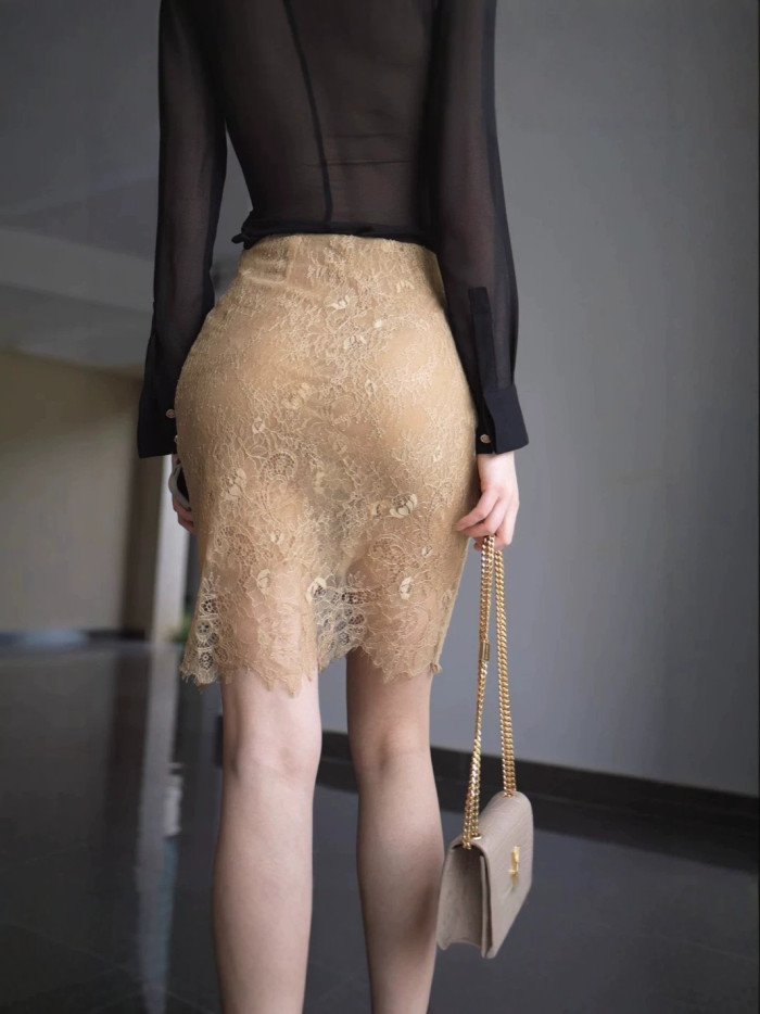 Gold Embroidered Lace Mini Skirt, Slim High Elastic Skirt For Women